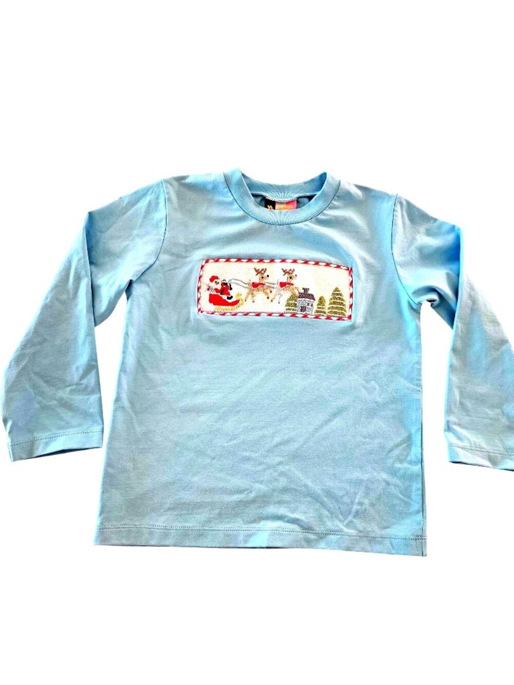 Banana Split Kids Smocked Santa Sleigh Shirt Blue Christmas Sz 5